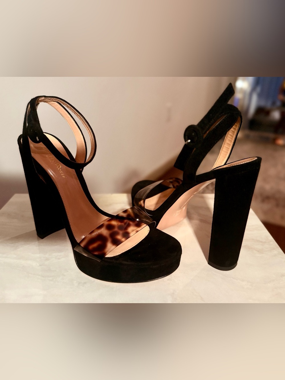 Gianvito Rossi Platform Sandals with Leopard Accent - Black